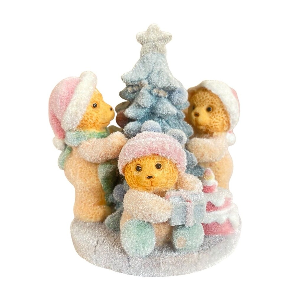 Flocked Vevet Teddy Bears Holiday Figurine Christmas Table Decor Ceramic Pastel